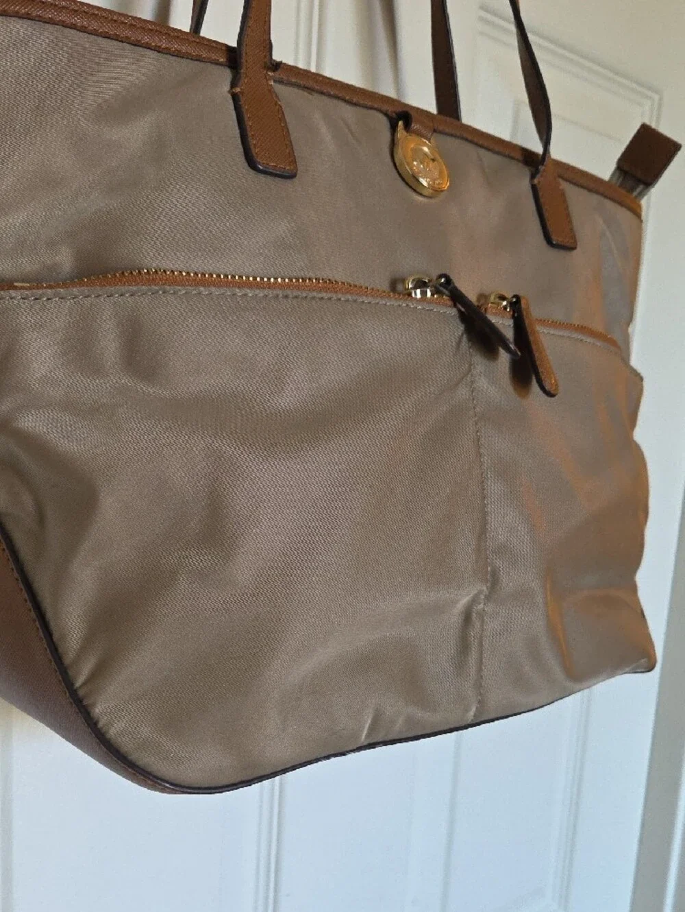 MICHAEL Michael Kors Taupe Nylon Tote with Brown Trim and Gold Hardware - Picture 6 of 12